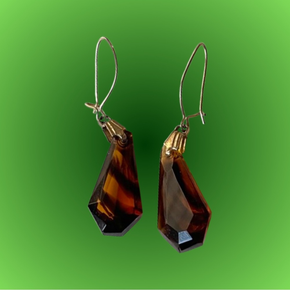 Vintage faceted striped/tortoiseshell-look art glass dangle earrings